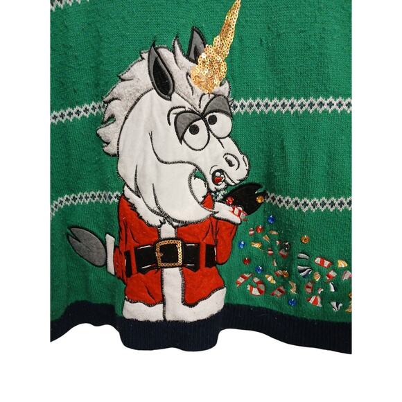 Ugly Unicorn Christmas Sweater Sz XXL Green Crazy Santa Sequins Fair Isle Whimsi - Picture 2 of 15
